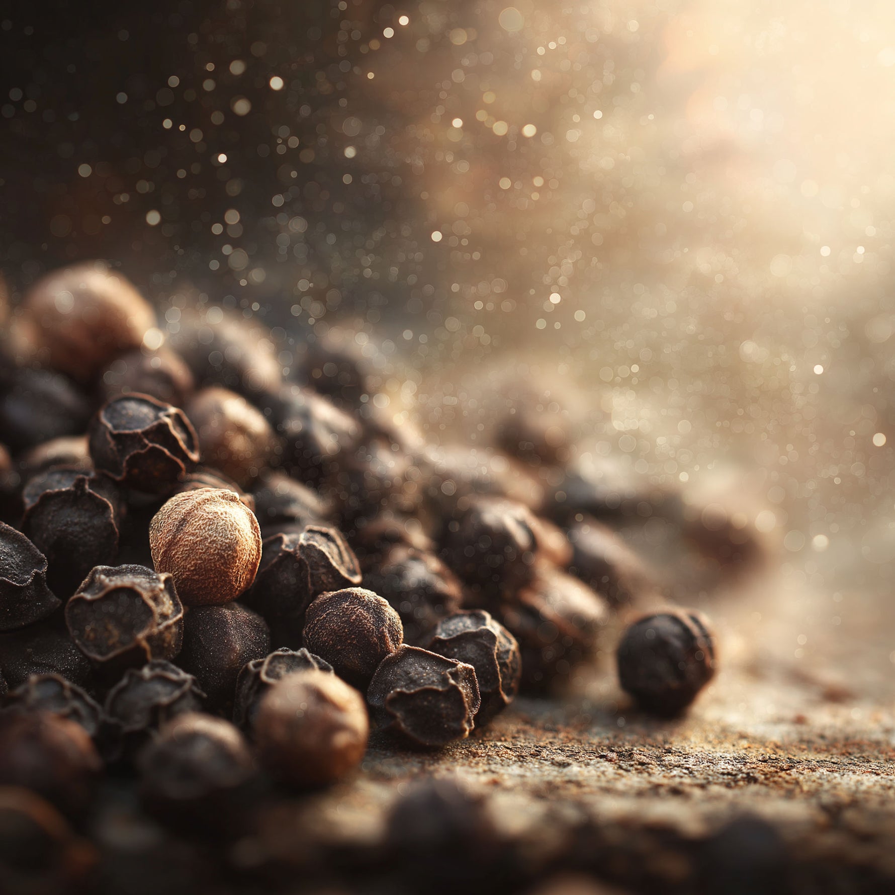 Close-up of black peppercorns with a warm, blurred background