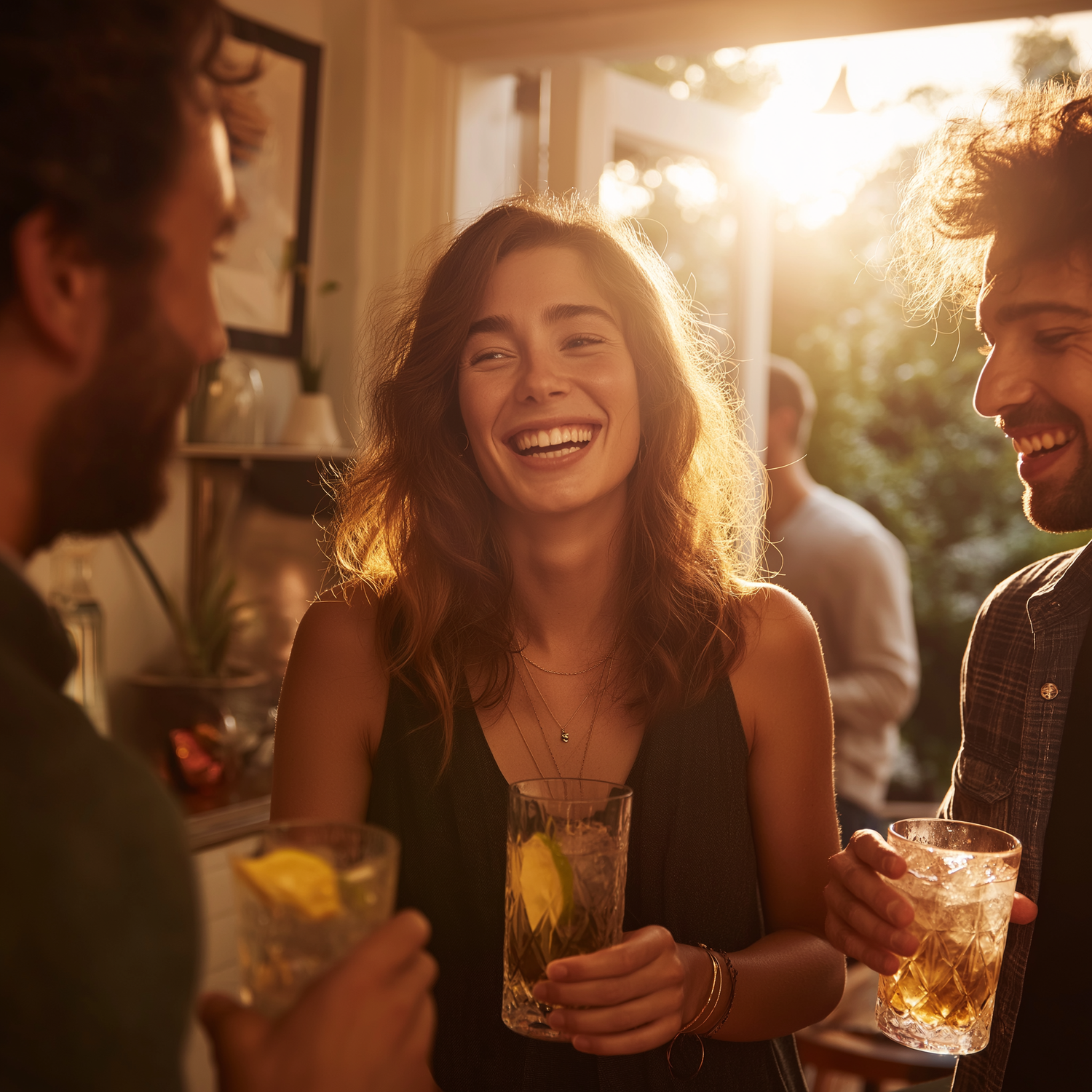 People enjoying drinks together in a warm, indoor setting
