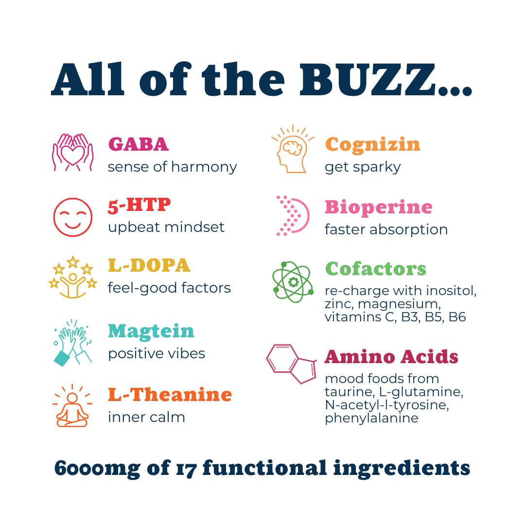 a list of all the functional ingredients that contribute to the good feelnigs from domo gaba 5-htp l-dopa magtein l-theanine cognizin bioperine cofactors amino acids 6000mg of 17 functional ingredients