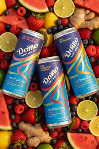 Three cans of Domo Zero Proof Elixir surrounded by fruits and ginger on a colorful background