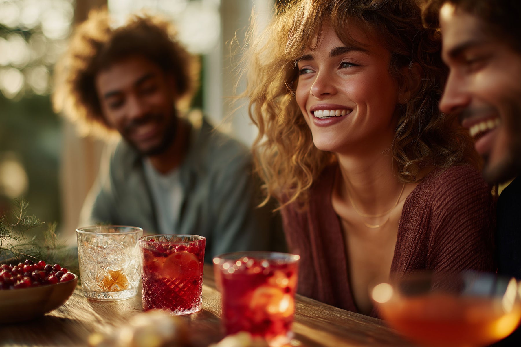 Three happy and chatty friends sharing a Do'Mo Zero Proof Social Tonic