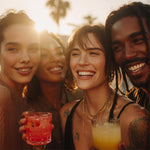 Four friends smiling and holding drinks together outdoors during sunset.